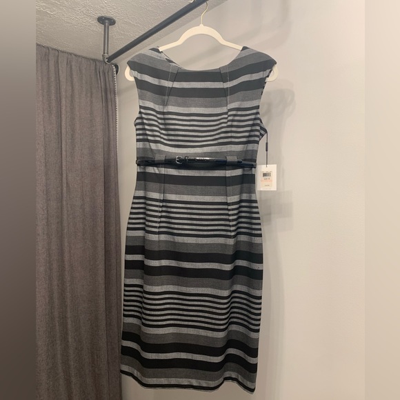 calvin klein grey and white striped dress Calvin Klein | Dresses | Calvin Klein Striped Dress With Belt Size